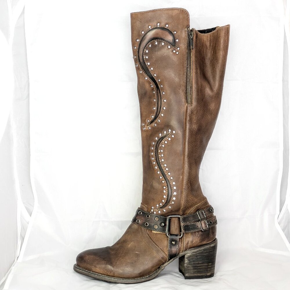 Freebird Coyote 12 run small Brown Studded Leather Tall Wide Calf Boots, Harness